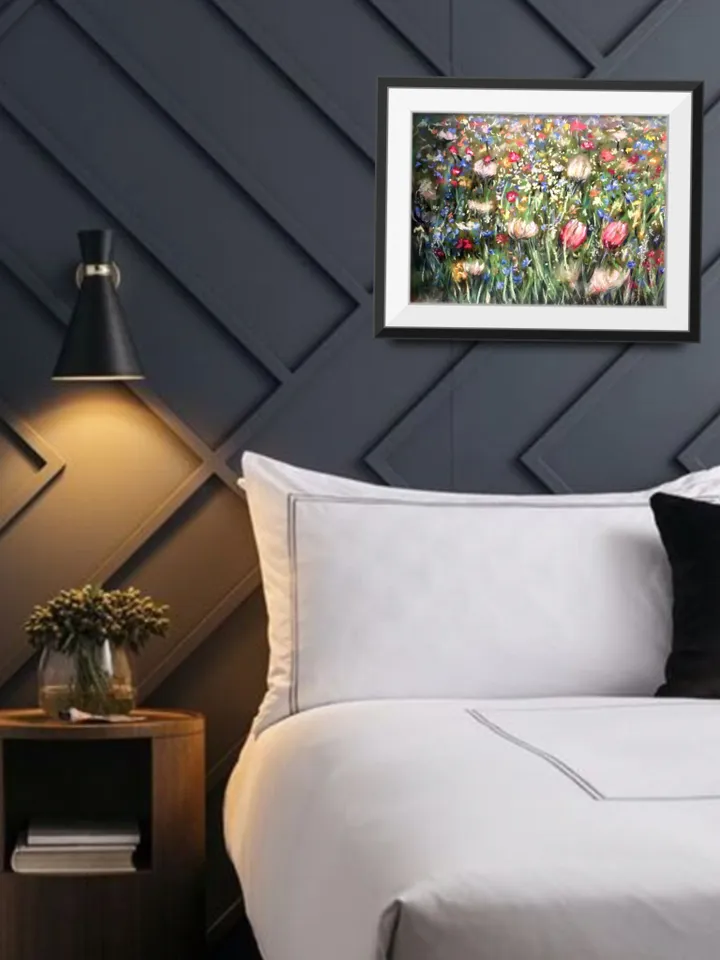 Flower fields,original soft pastel painting on pastelmat,colourful wall art