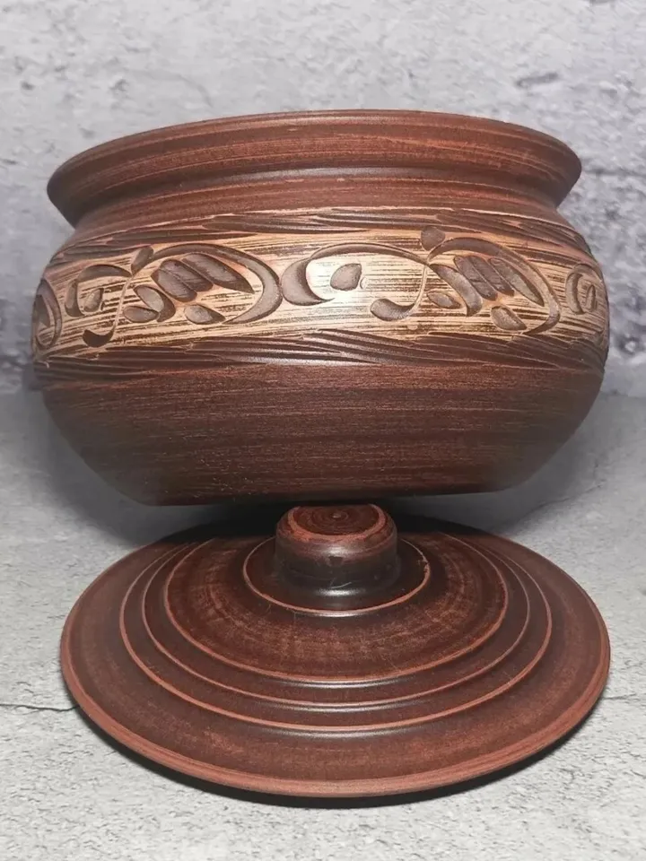 Pottery casserole. Handmade from red clay, carved pattern. Eco-friendly product