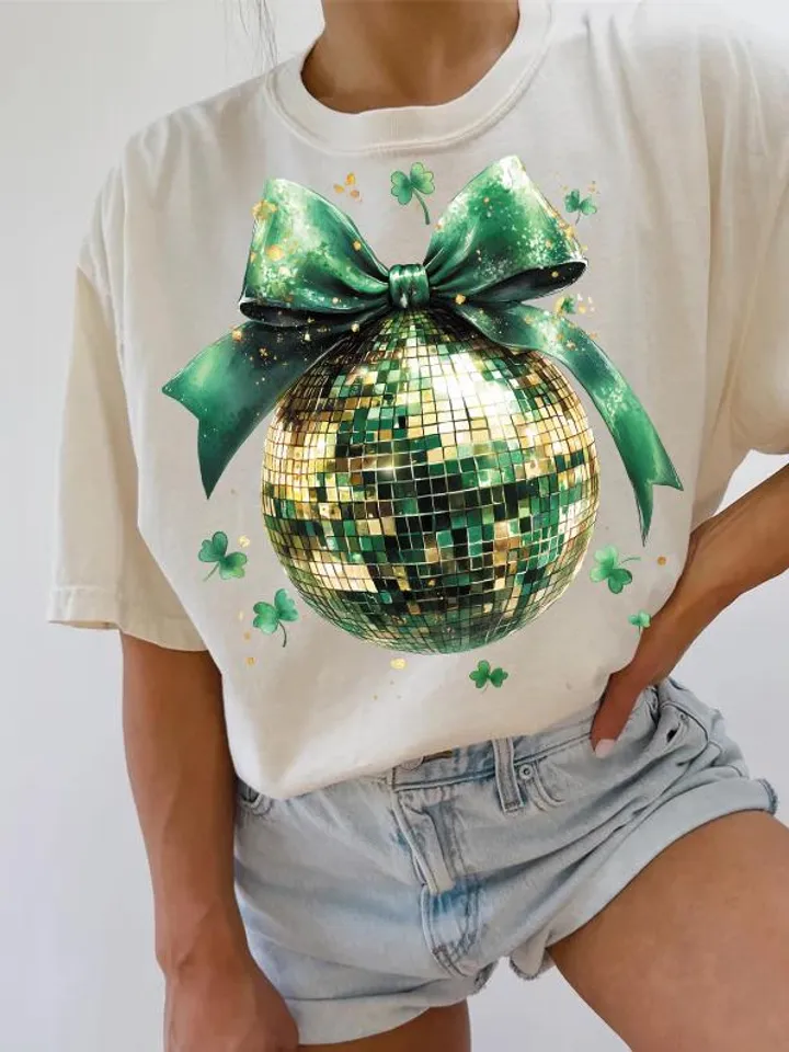 St Patricks Day Disco ball Coquette Bow Four Leaf Clover Lucky Shamrock Bow Lucky Charm Irish Day Shirt Design St Pattys Day Coquette Png