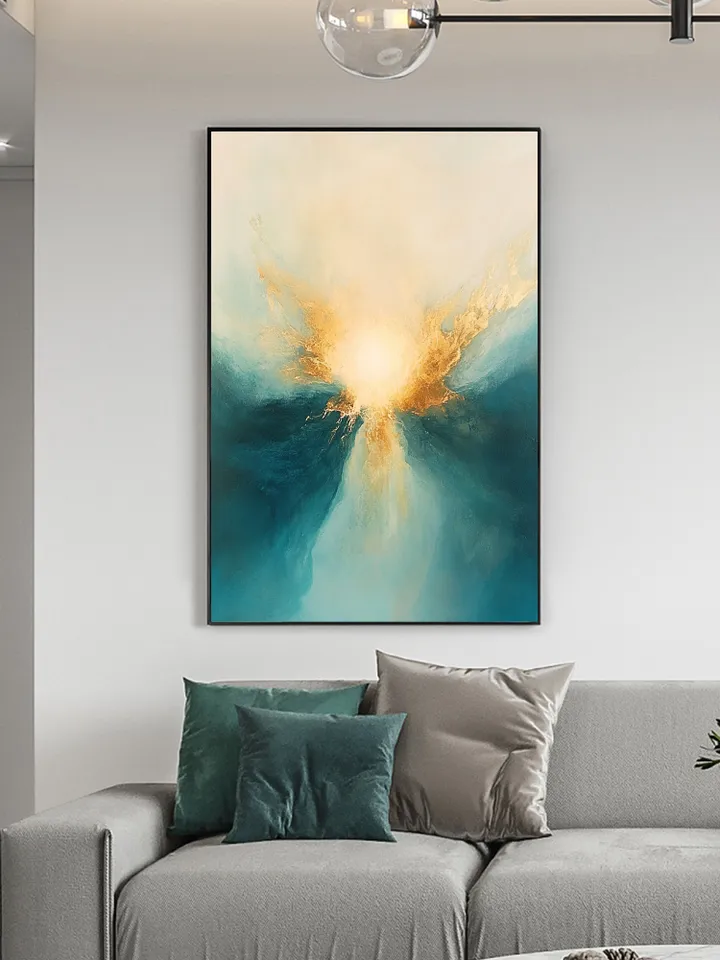 Hand-Painted Abstract Oil Painting | Modern Wall Art with Gold Accents | Stunning Blue and White Art for Living Room Home Decor