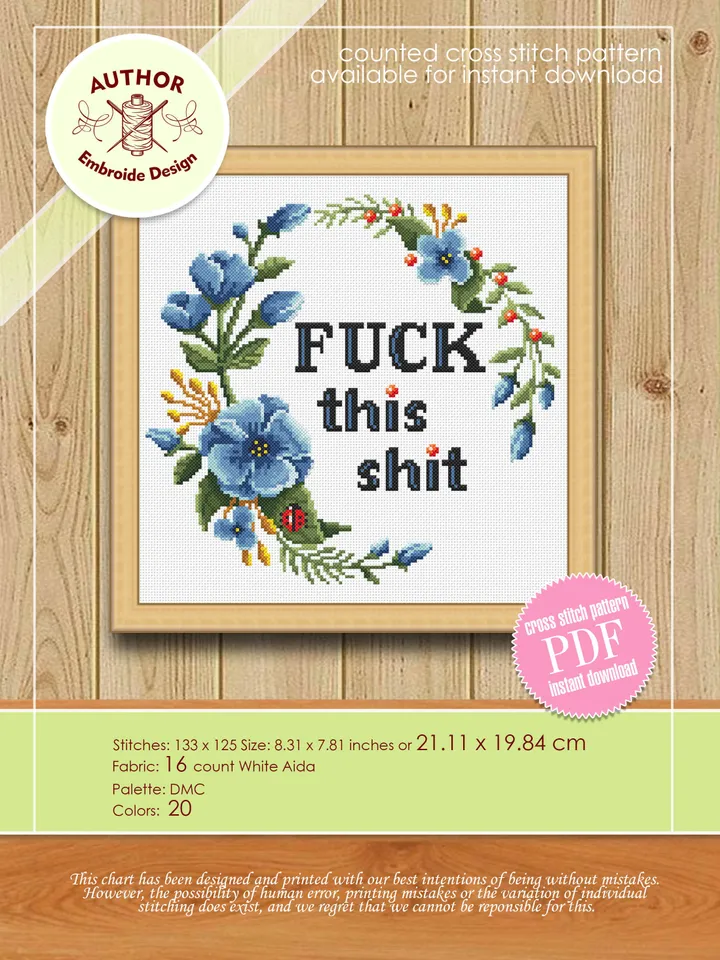 Framed quote Fuck This Shit cross stitch pattern download PDF Flower wreath cross stitch chart, Funny adult cross stitch DIY home decor #Q14