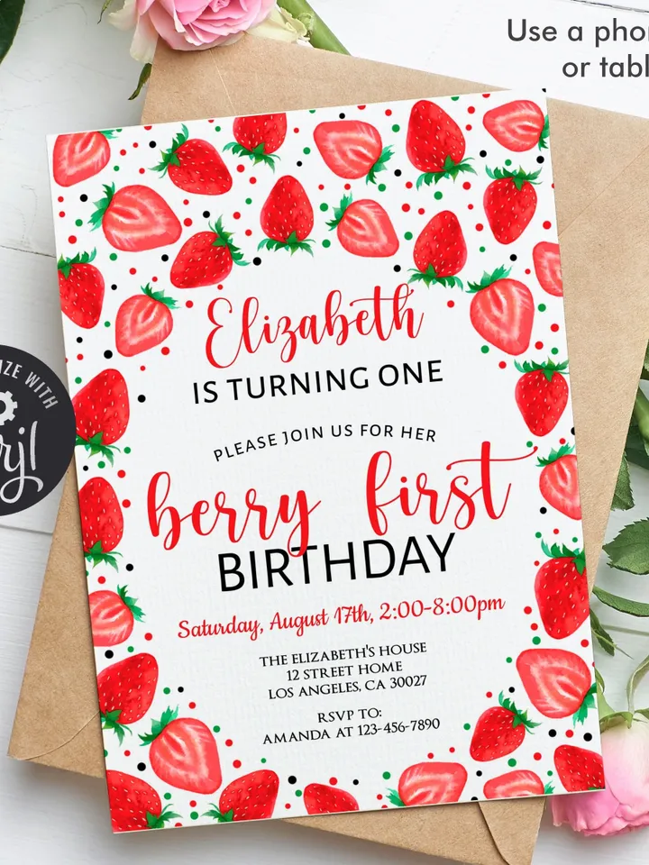 Berry First Birthday Invitation, Strawberry Birthday Invitation, 1st Birthday Invitation Girl, Summer Invitaton Editable Template