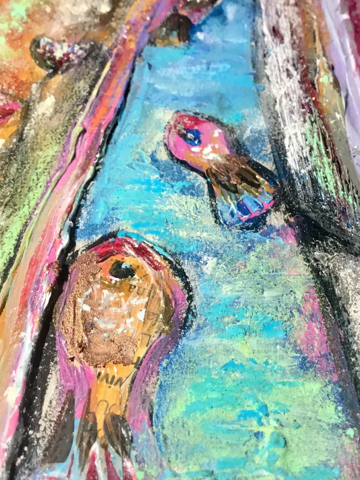 Fish town,original acrylic mix media fantasy painting ,collage wall art,fantasy town painting on cardboard,wall decoration.