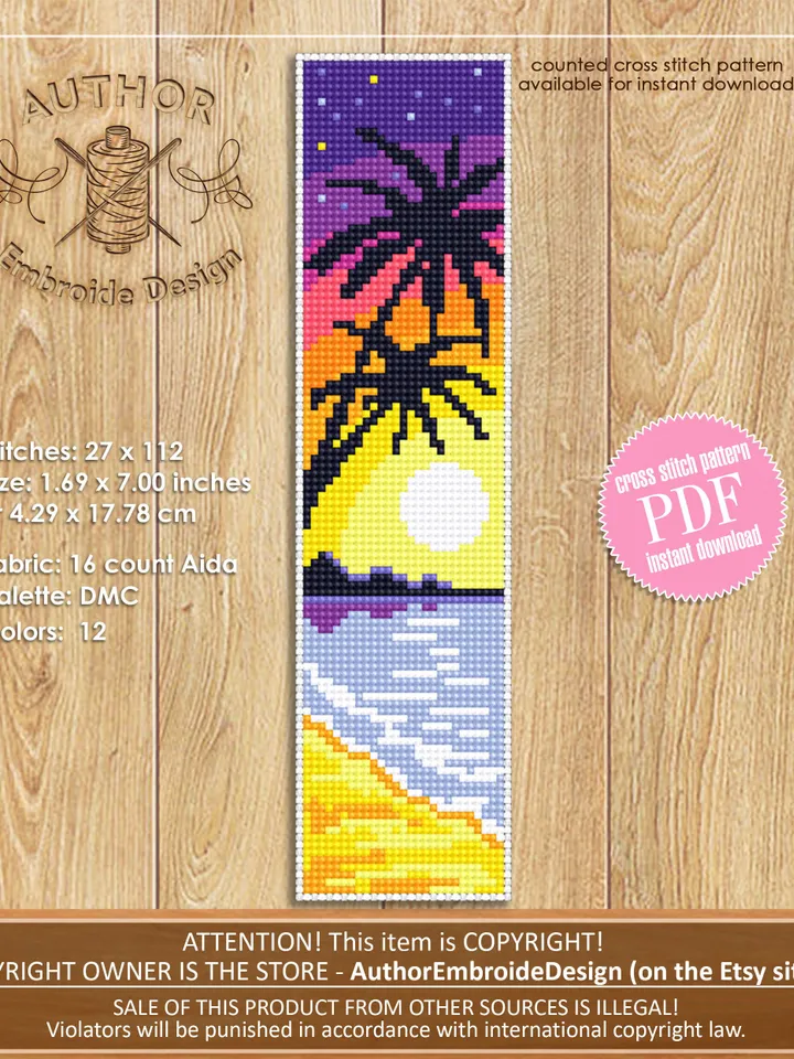 Summer bookmark cross stitch pattern PDF download Tropical beach cross stitch chart, Handmade bookmark pattern digital PDF, Palm trees #B23
