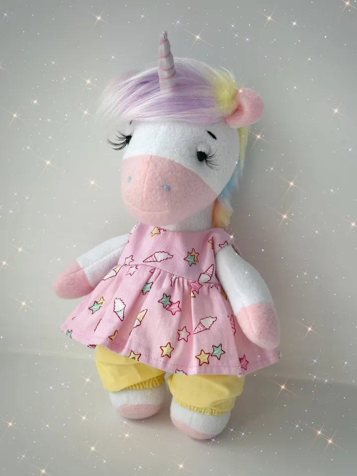 Handmade Unicorn Doll in dress. Soft plush toy. Fairy cute animal.