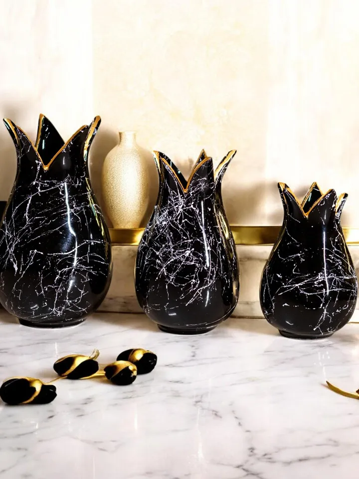 Handmade Brushstroke Design Black and White Trio Vase Set 3 Pieces, Home Decor