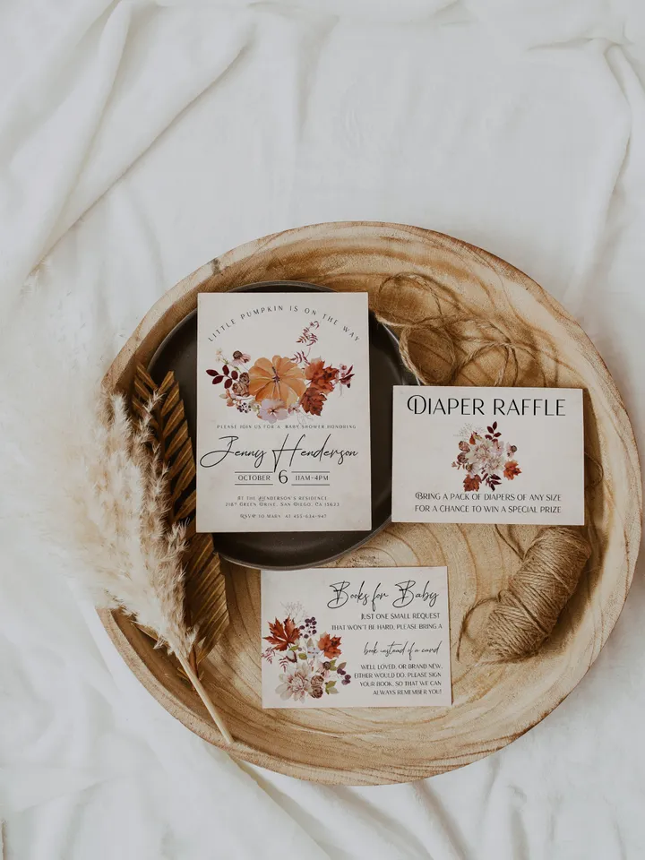 Rustic Autumn Baby Shower Invitation Suite; Autumn Boho Flowers Baby shower; Little Pumpkin baby shower; editable Fall Baby shower kit