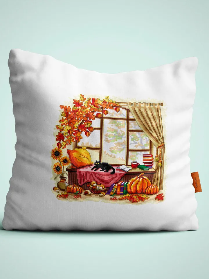 Autumn window cross stitch pattern PDF download Fall cross stitch chart, Autumn pattern digital PDF, Fall leaves embroidery, Home decor #L89