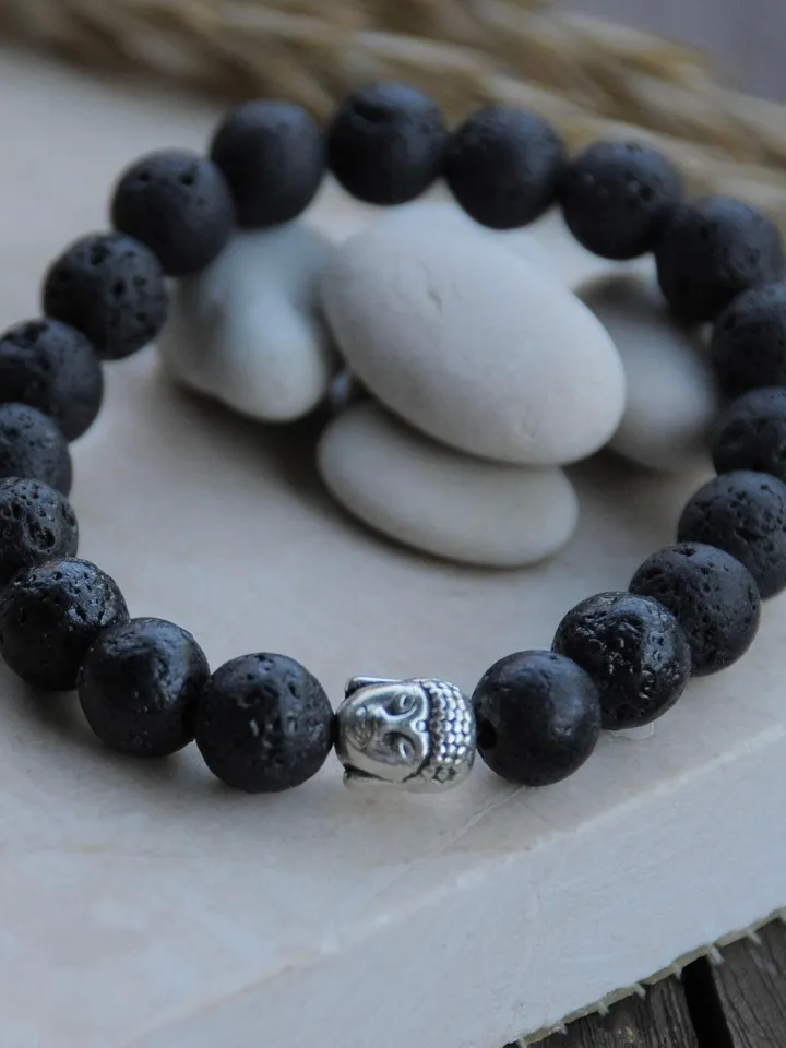 LAVA Bead Bracelet | Essential Oil Diffuser Bracelet Stretch Aromatherapy Jewelry | Gift for her | Buddha Bracelet | Black Gemstone Jewerly