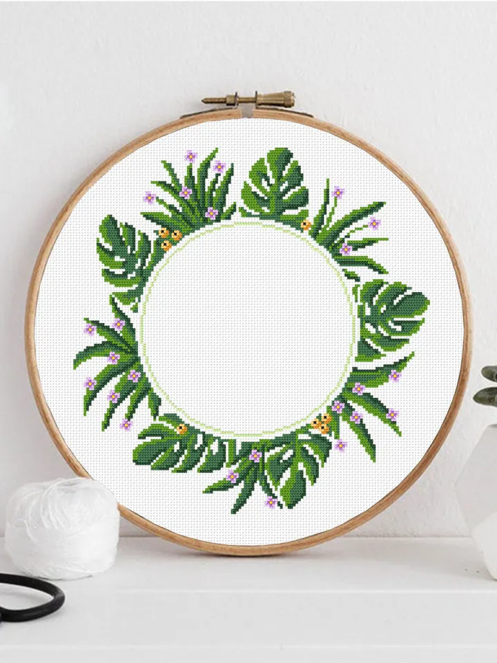 Monstera leaf wreath cross stitch pattern download PDF Greenery frame cross stitch chart, Monstera decor Hoop art design, Your text here #Y3