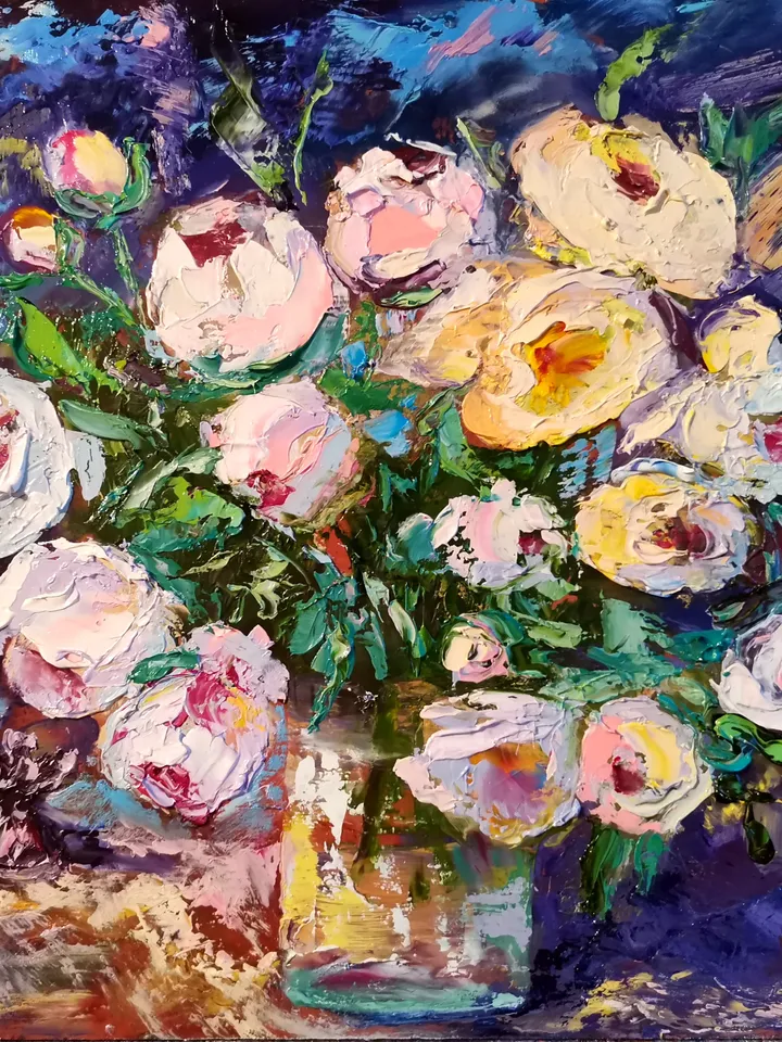 Peonies Glass Vase Candy Oil Painting Flower Impasto Original Artist Svinar Oksana