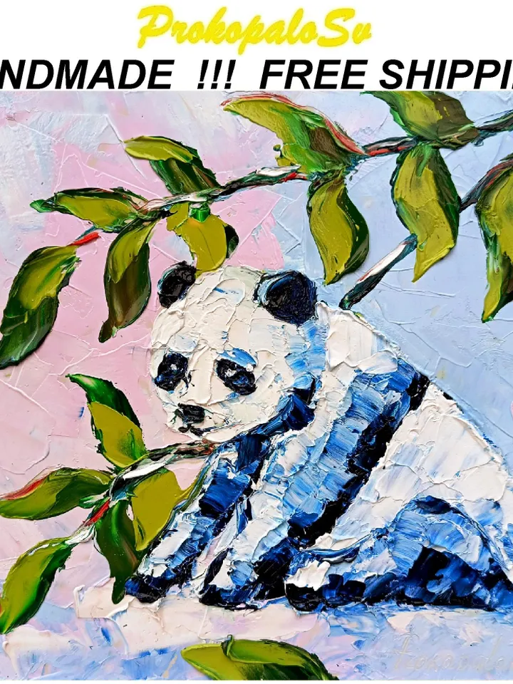 Panda Painting Panda Wall Decor Original Art Impasto Oil Painting Farm Small Artwork Gift 8x8 in by ArtProkopaloSv