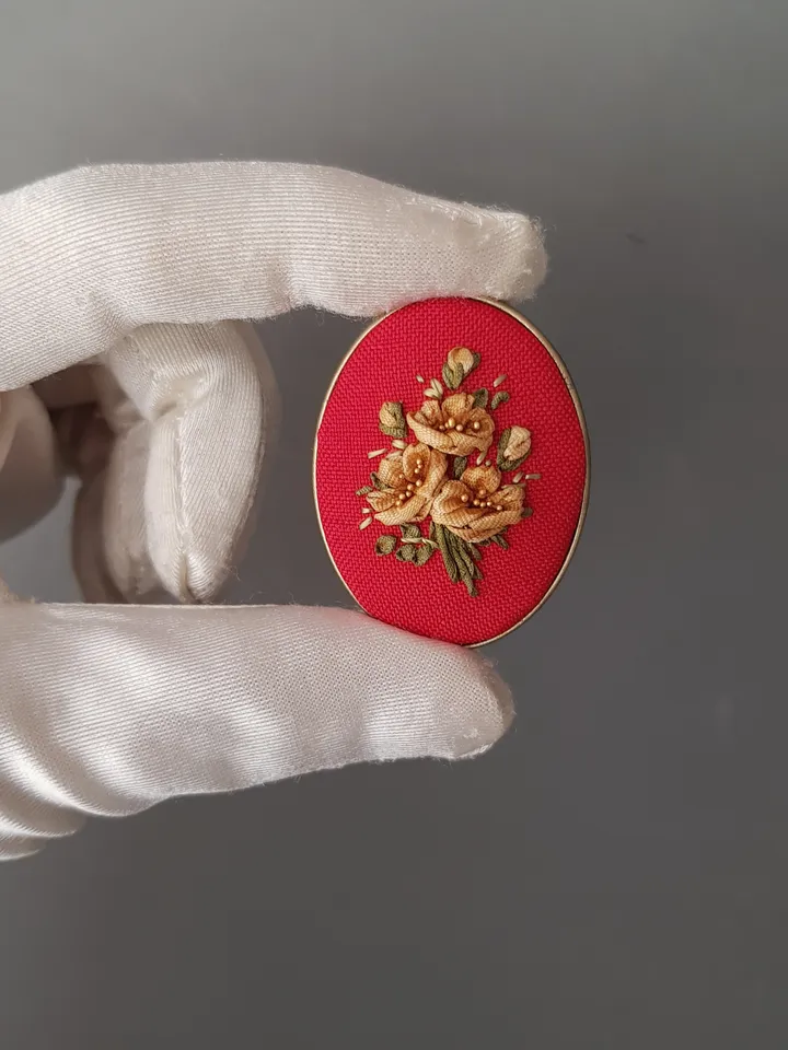 Ribbon embroidered red brooch for her, embroidered jewerly