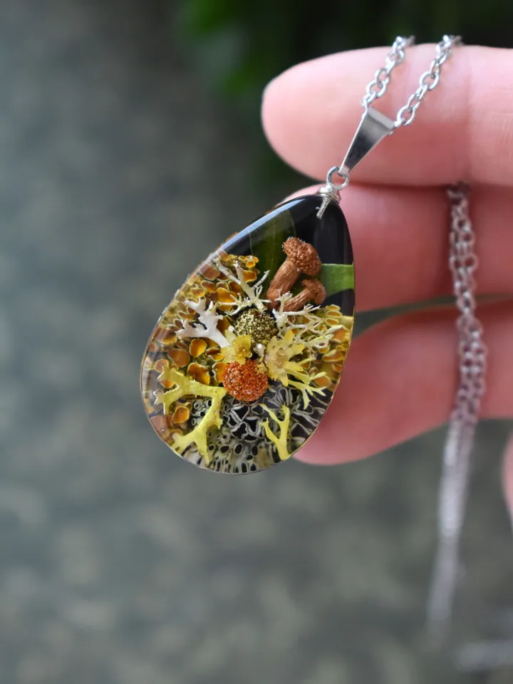Lichen and mushroom pendant. Pendant with lichen in resin. Necklace with real lichen. Forest medallion with lichen and moss in resin.