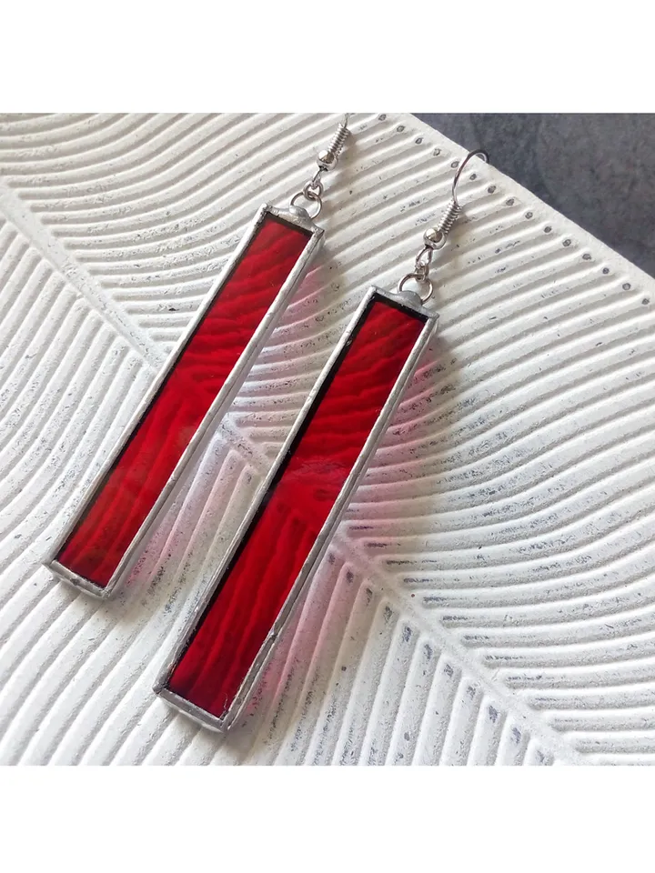 Minimalist earrings, simple Stained glass, Dangle geometric earring, rectangle earrings, Red earrings, Orange earrings