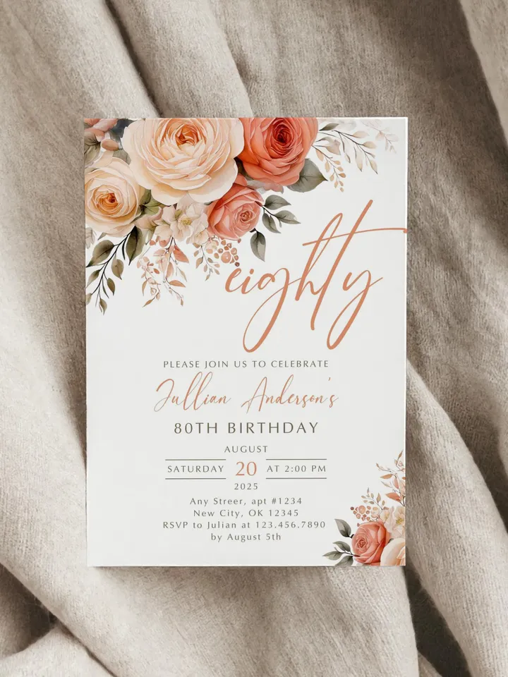 80th Birthday Invitation, Birthday Party Invitations for Women, Floral Birthday Invite for Her, Canva Editable Template, Instant Download