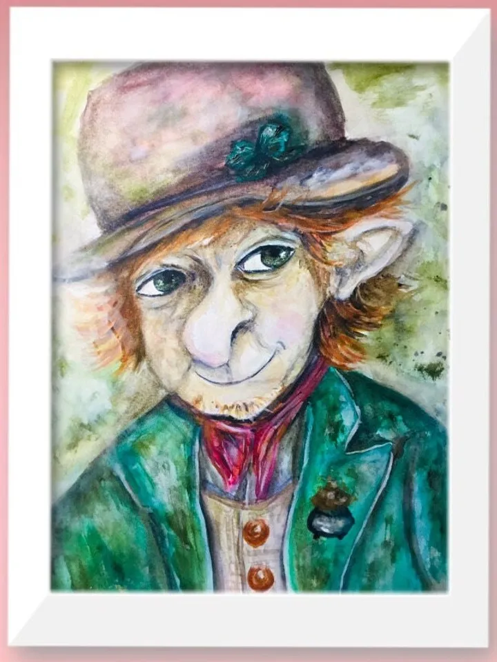 Funny Leprechaun with a pot of gold painting,good luck painting,original watercolour painting wall art,humorous painting,funny portraits.