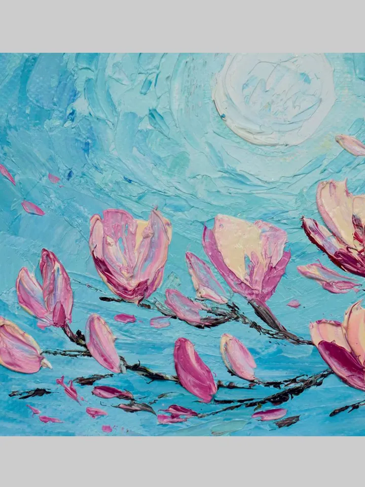 Magnolia painting Flower Small artwork Full moon night Original Art Flowering branches painting by Juliya JC