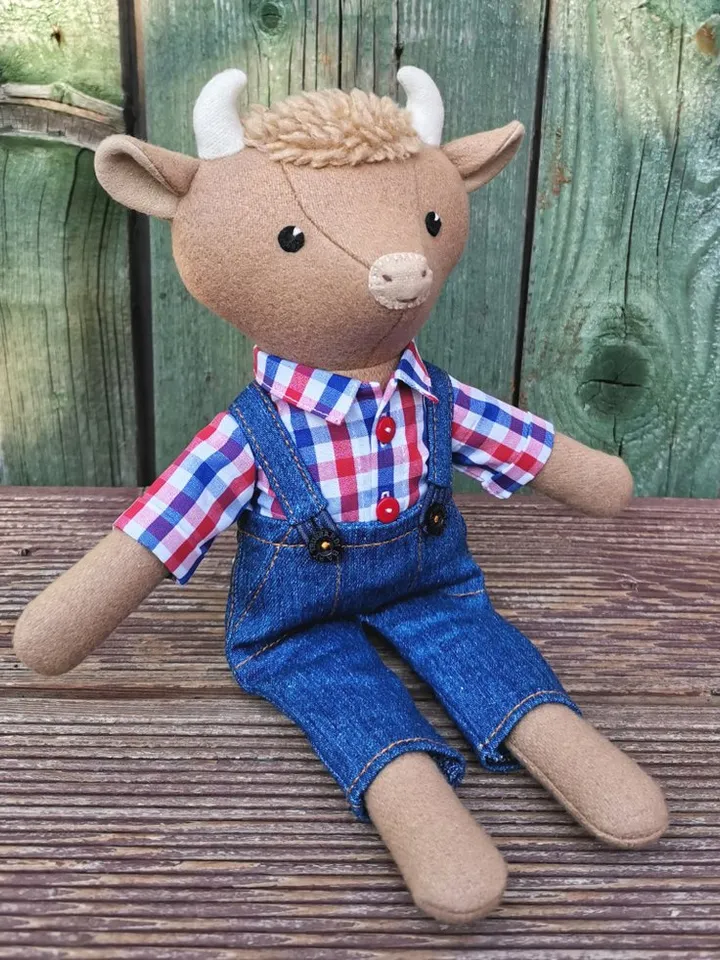 Beige bull, handmade plush cow doll, stuffed wool fabric toy, bull textile doll