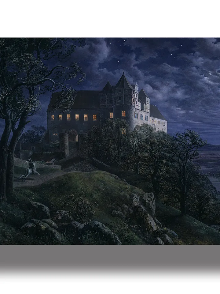 Burg Scharfenberg at Night. Gothic landscape with horseman and castle.