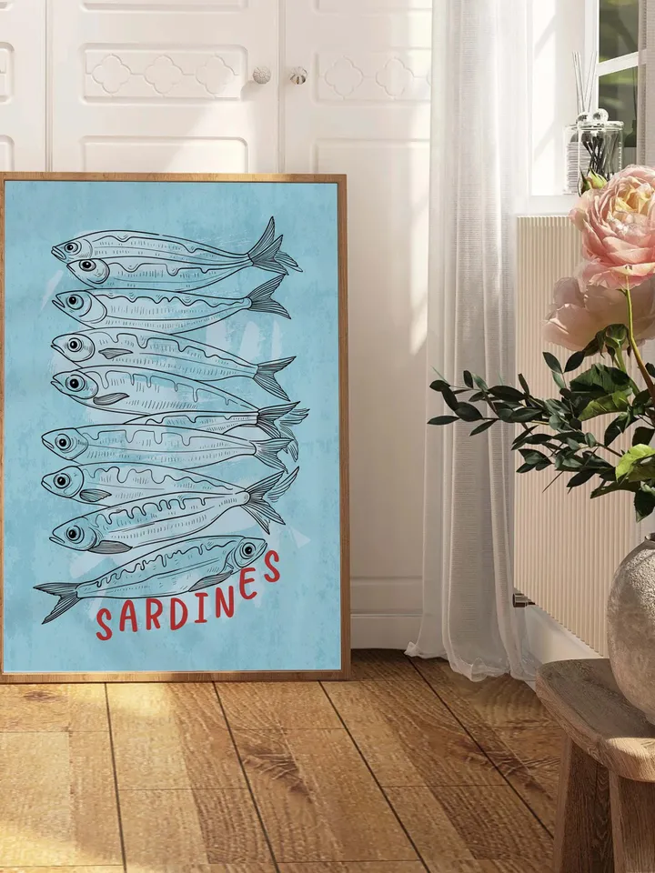 Sardine Wall Art, Sardines Tin Fish Poster, Colorful Kitchen Print, Maximalist Home Decor, Vintage Style Digital Artwork, Retro Sardine Art