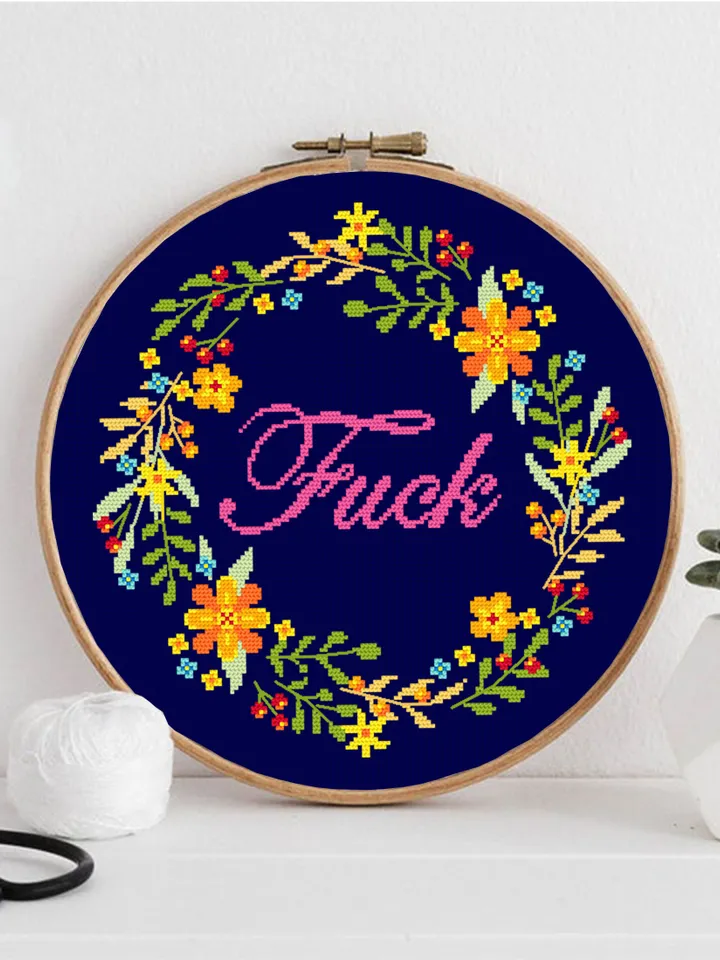 Fuck Flower wreath cross stitch pattern download PDF Floral framed quote cross stitch, Funny adult cross stitch chart, DIY home decor #Q11