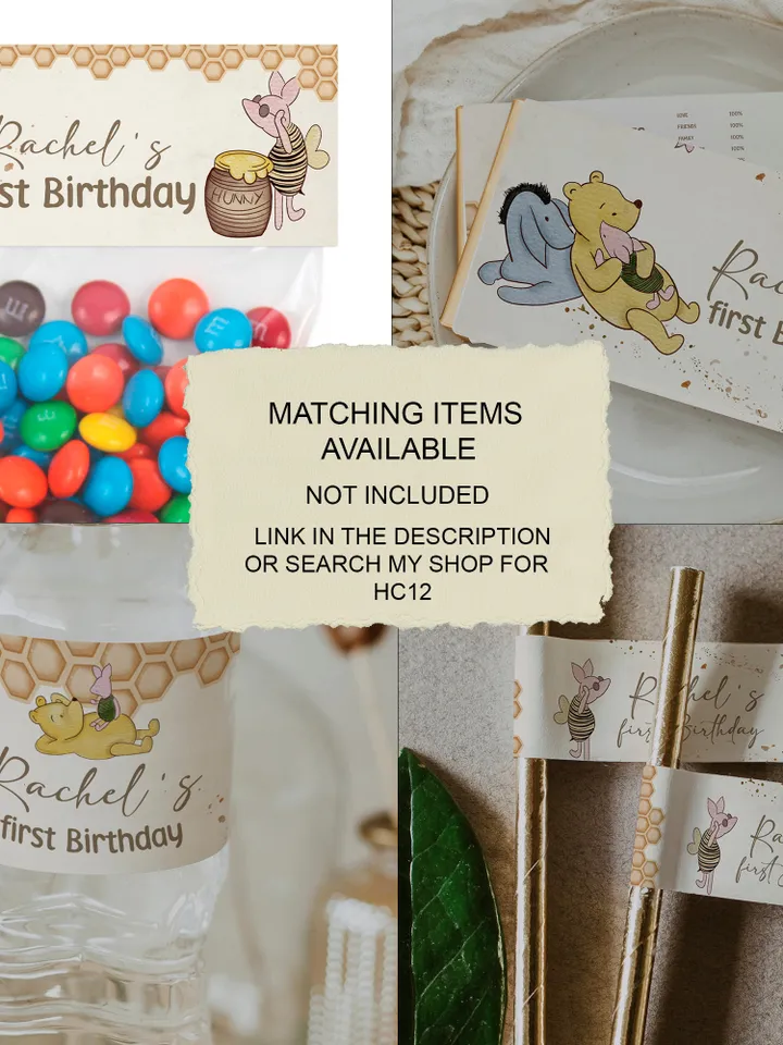 Photo Birthday Banner Winnie the Pooh Birthday Party; Winnie Pooh 1st Birthday; Editable Birthday Banner;Birthday Party Decoration Pooh hc12
