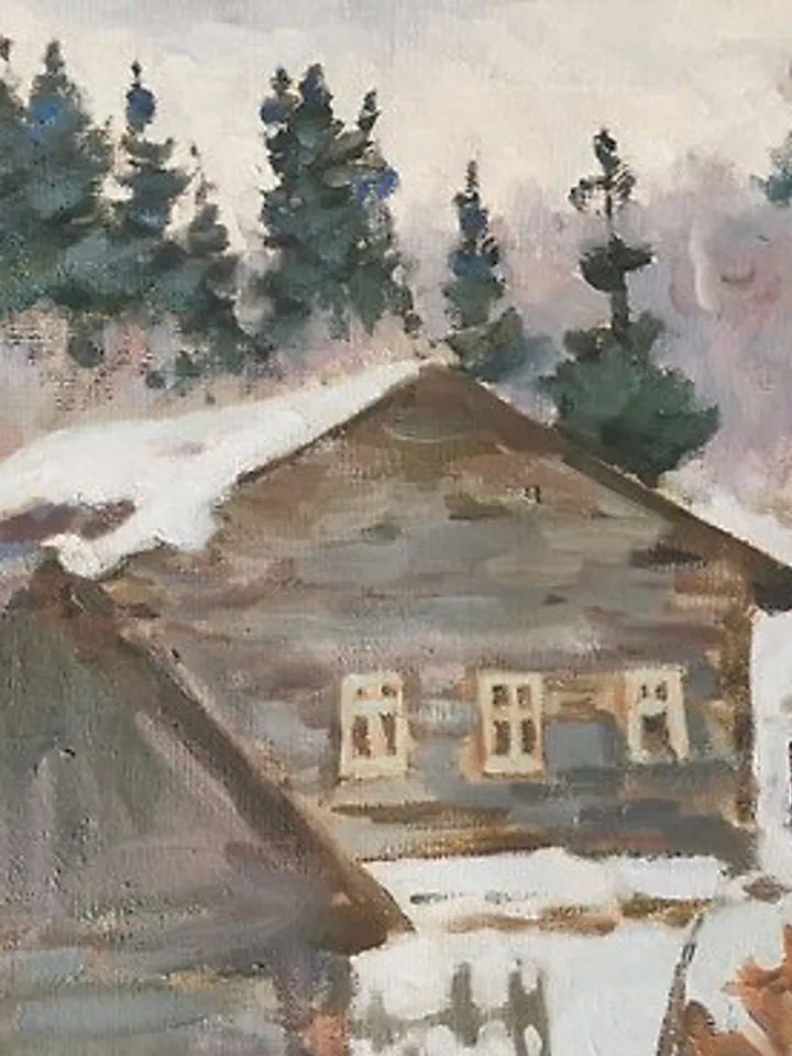 Farm House Painting Original Art Canvas Art Landscape Winter 微型油画