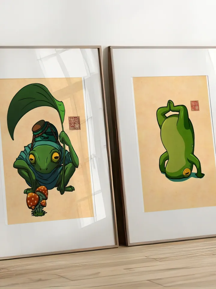 Japanese Matsumoto Hoji Frog Set of 9, Vintage Frog Woodblock Poster, Ukiyo-e Frog Print, Japanese Frog Printable Wall Art, Digital Download