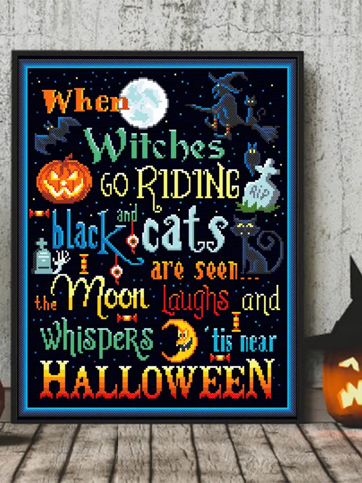 Halloween quotes cross stitch pattern download PDF Horror Halloween night cross stitch Magic xstitch chart Black witch cat embroidery #H18