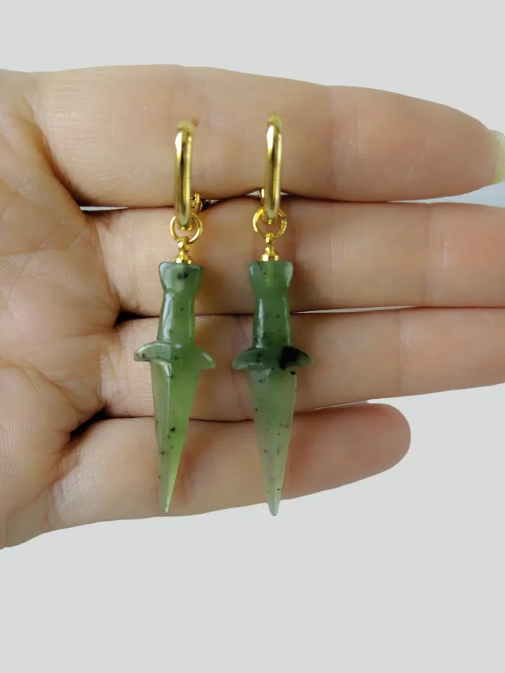 Dangle elven sword earrings from green jade, earrings transformers.