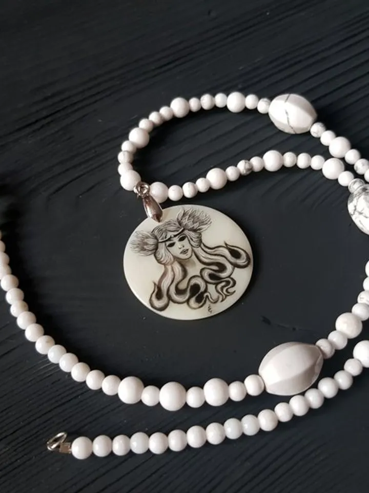 Witch craft necklace with miniature painting. Mermaid, valkyrie on pearl pendant