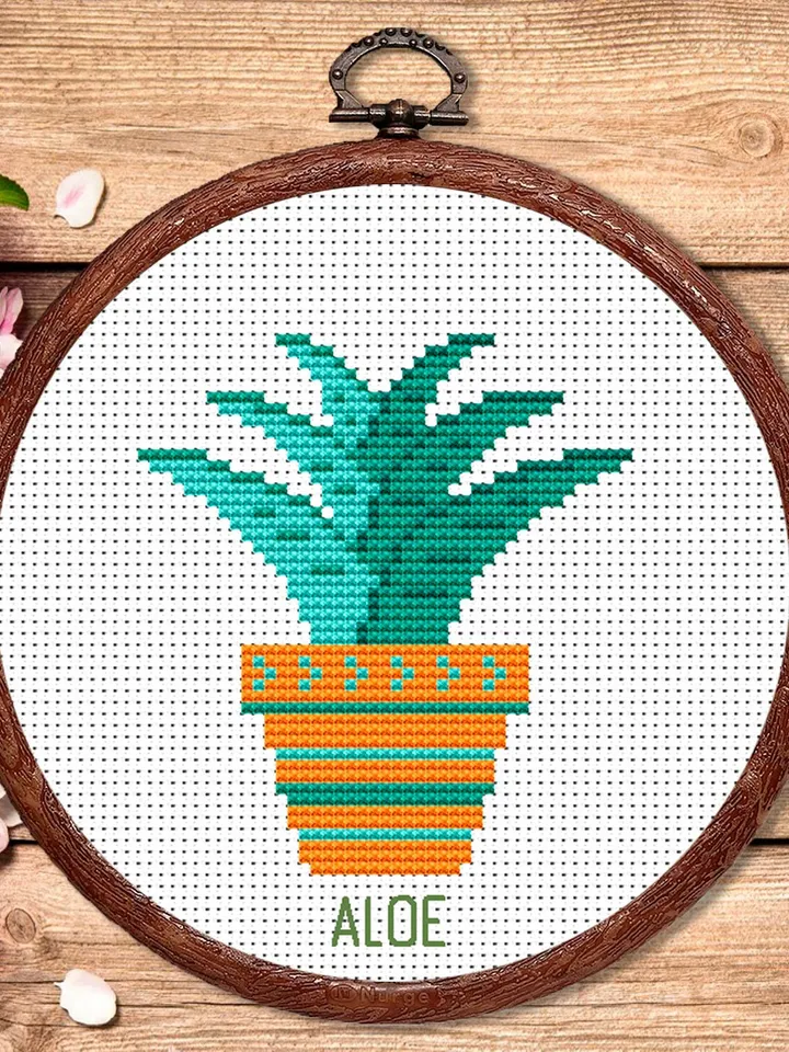 Aloe Cross Stitch Pattern, Flower Cross Stitch Pattern, Embroidery Aloe, Flowers xStitch, Potted Flowers Cross Stitch, Aloe Pattern #flw001