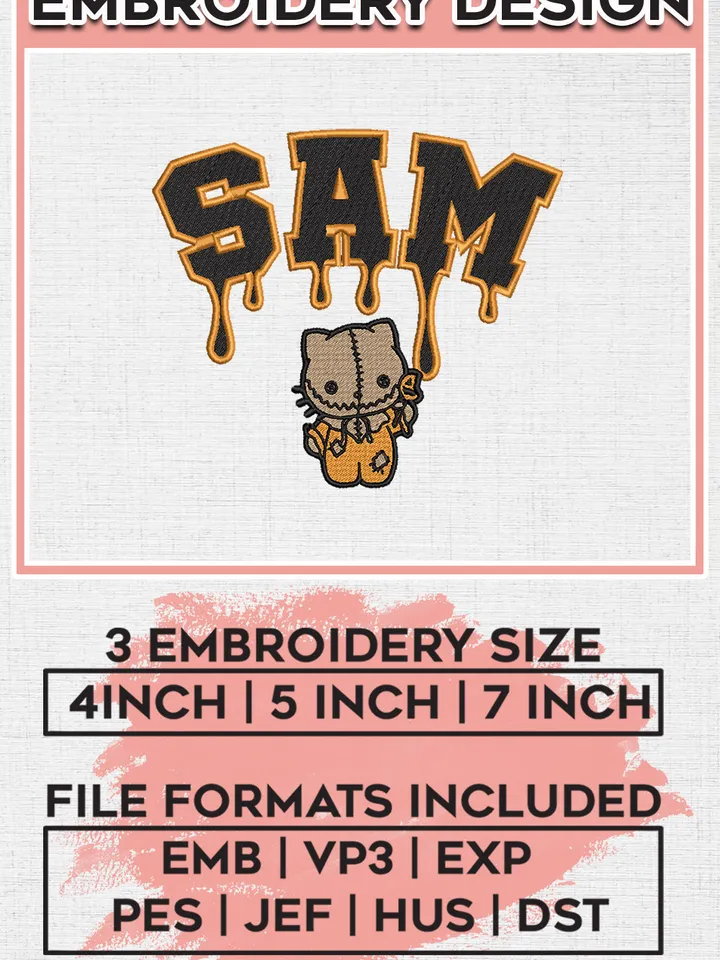 Hello Kitty x Sam Trick 'r Treat Drop Name Embroidery designs, Horror Movie Machine embroidery designs, Halloween embroidery files, Pumpkin Machine Embroidery Digitized Pes Files, Digital Download