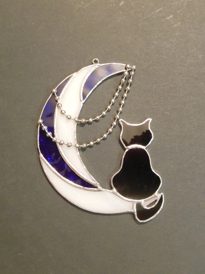 Black Cat On Moon with Chains . Art stained glass hanging Suncatcher . Gift for animal lover , pet loss memorial White , blue and black