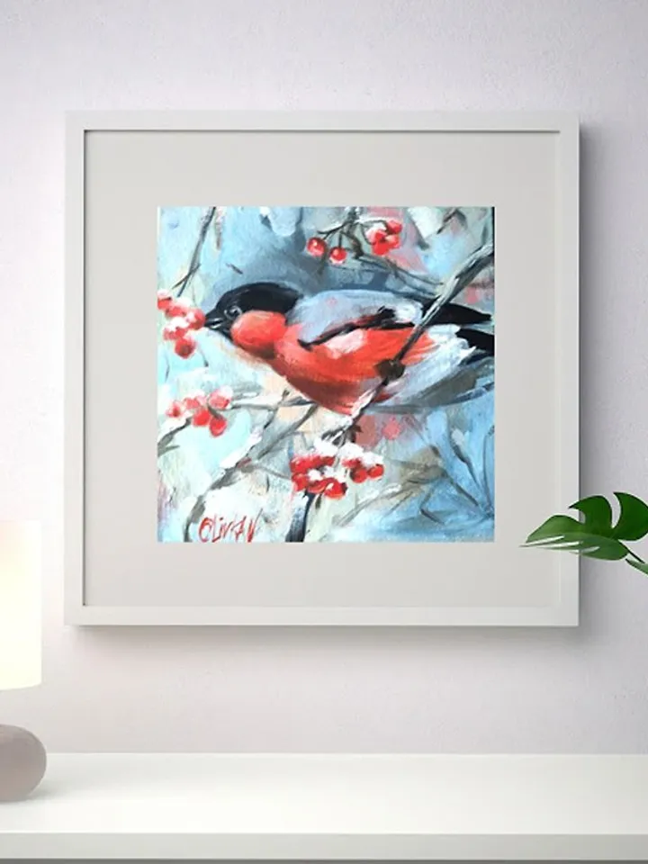 Bullfinch Painting 牛蛙 Original Art Bird Artwork Original Oil Painting