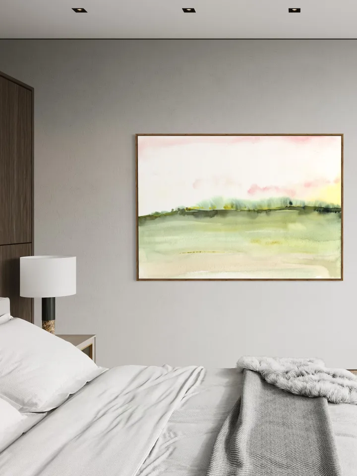 Pink Green Landscape Watercolor Painting,Neutral Maximalist Pink Art,Horizontal Art, Minimalist Landscape Wall Art, Pink Wall Decor