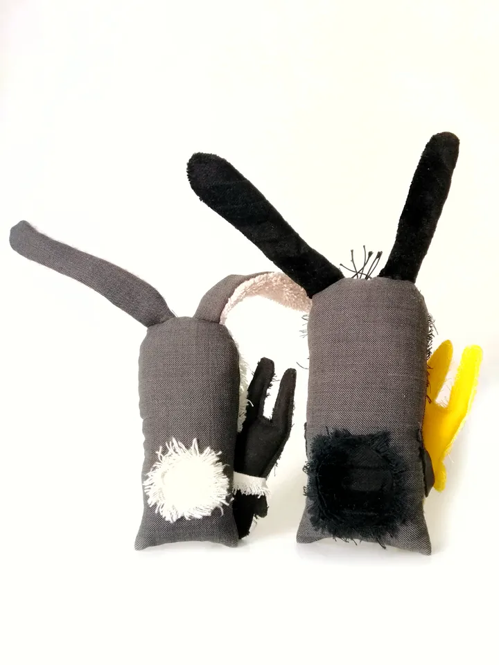 Handmade Funny and Unique Fabric Art Doll Bunnies: One-of-a-Kind Fun Delightful Interior Decor Toys with a Spooky Twist. FREE SHIPPING!
