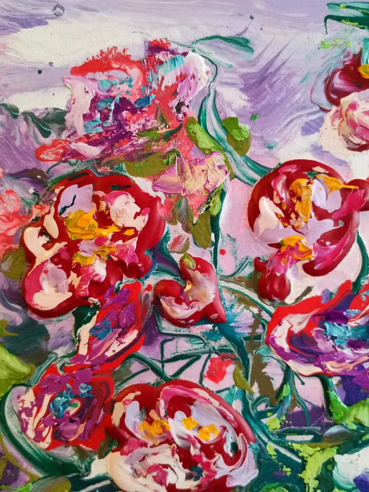 Bouquet Red Flower Abstract Roses Impasto Painting Original Art Artist Svinar Oksana