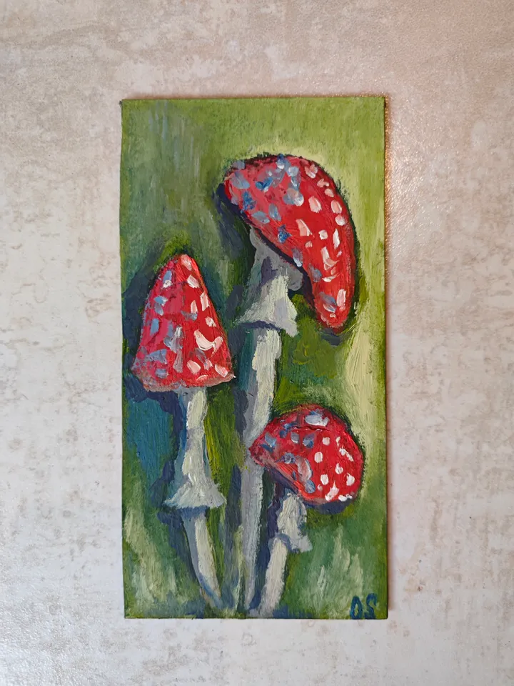 Mushroom Original Painting Red Amanita Original Art Fly Agaric Modern Artwork Red Mushrooms Wall Decor Amanita Oil Painting 4x8 inches by OlgaSokolovaArt