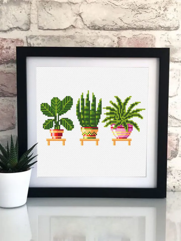 Potted plants cross stitch pattern download PDF, Small floral cross stitch chart, House plant hand embroidery PDF, Quick beginner stitch #P4