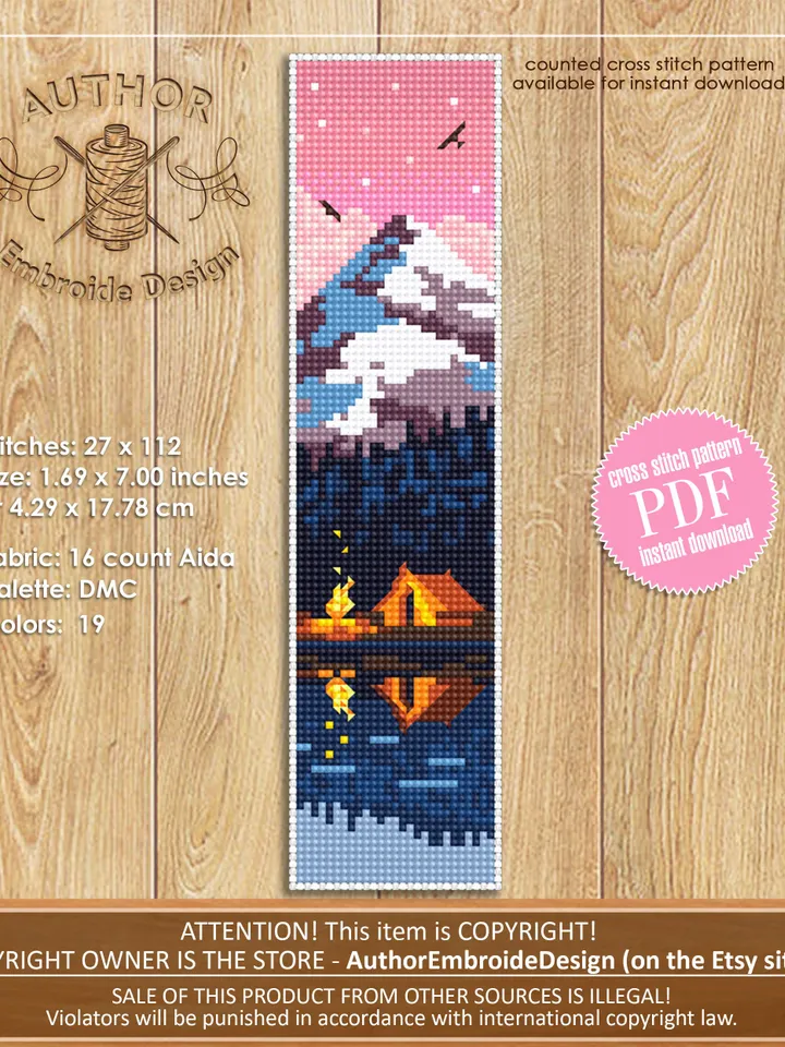 Nature Bookmark set cross stitch pattern download PDF Handmade bookmark pattern digital PDF, Camping cross stitch, Mountain landscape #B115