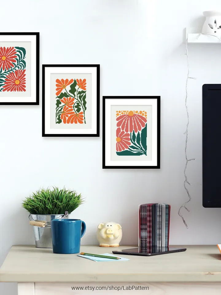 Bundle of 6 mini contemporary Flowers Cross stitch patterns Abstract floral Plant beginner counted modern chart DIY embroidery instant PDF
