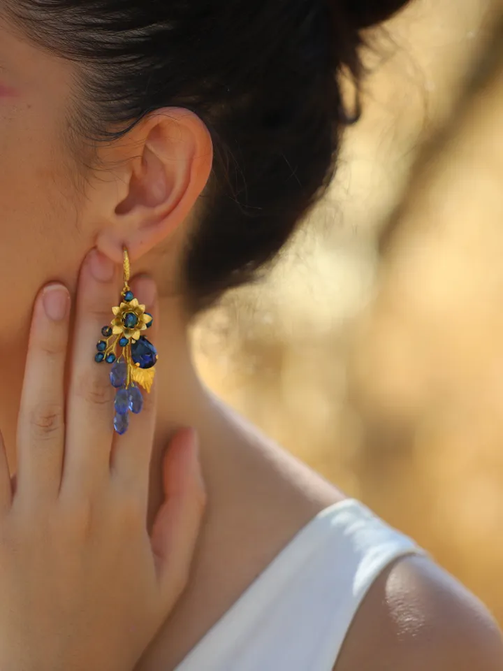 Gorgeous Blue Sapphire Gold Wedding Earrings Bracelet Jewelry Set , Floral Boho Bridal Earrings, Chandelier Statement Bohemian Earrings,