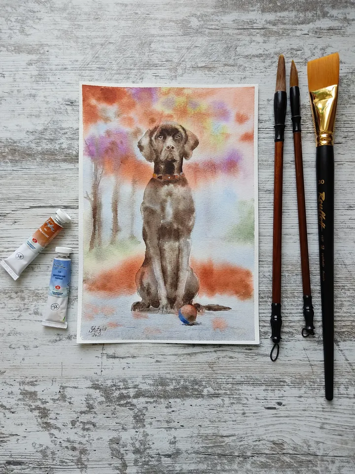Walking with the dog. Original watercolor painting.