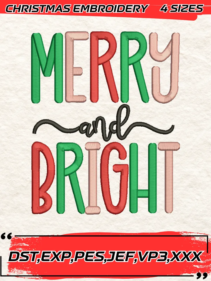 Merry and Bright Christmas Embroidery Design,Christmas Embroidery Design,4 Sizes, Digital Download #2