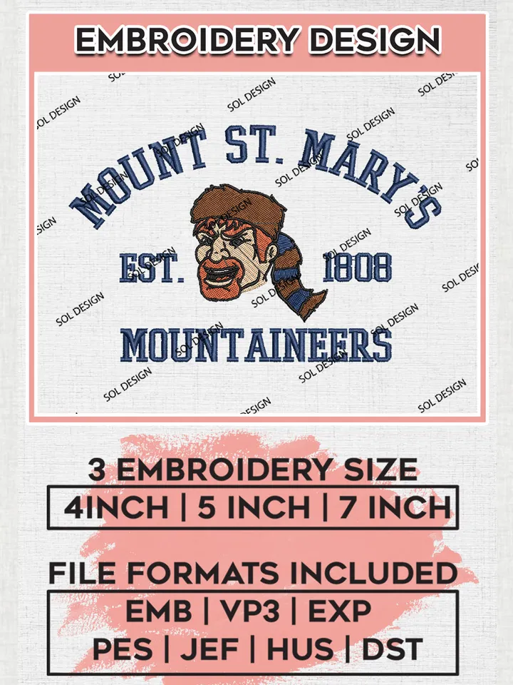Mount St. Mary's Mountaineers Est 1808 Embroidery Designs, NCAA Mount St Marys Mountaineers Team Embroidery, NCAA Team Logo, 3 sizes, Machine embroidery Files, Digital Download