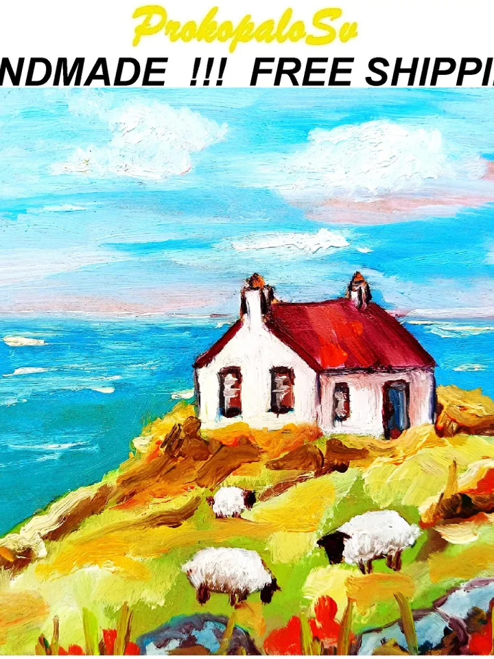 Ireland Painting Irish Cottage Original Art Sheeps Painting Landscape Impasto Oil Painting Farm Small Impressionist Art by ArtProkopaloSv