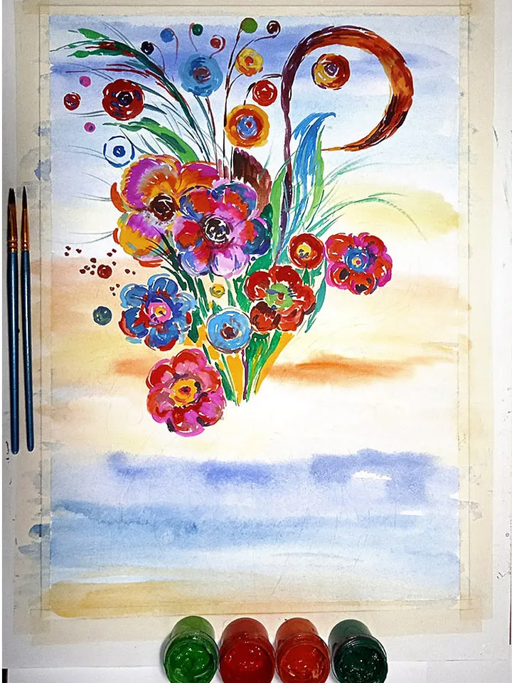 Kandinsky Flowers Style Abstract Original Art Floral Painting Watercolor Art 16 by 11 Above Bed Art by TatianaArtShop
