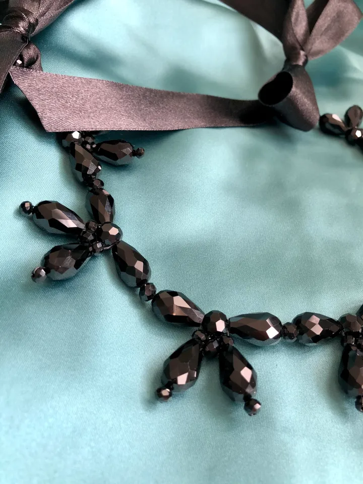 Beaded Flower & Ribbon Necklace